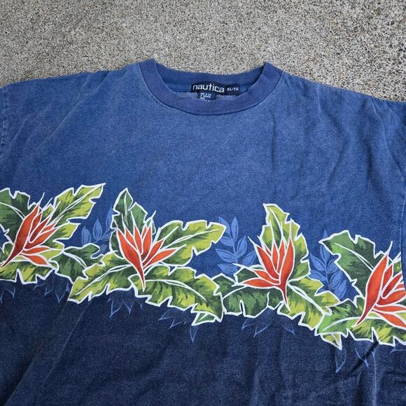 Vtg 90s Og NAUTICA Leaves Wraparound Graphic Colorblock Athletic Tee Shirt XL - Picture 3 of 7